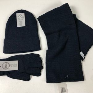 Knit Scarf Hat and Gloves Set Moda West Flexible Stretch NWT Navy Blue